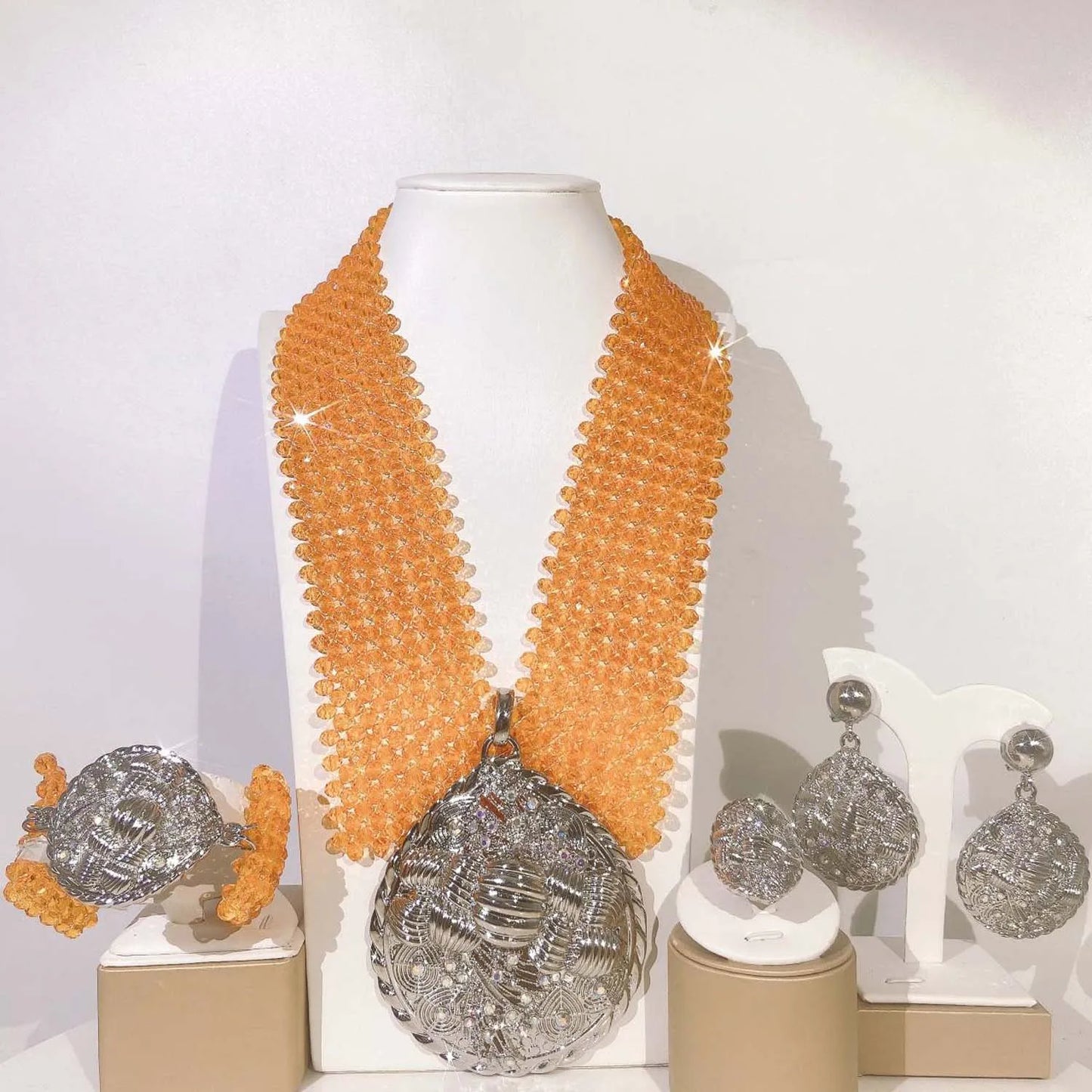 Zhuerrui Simple Bridal Gold Plated Jewelry Sets Orange Beads Necklace Jewelry Set Exquisite Woman Festival Party Gifts H40041