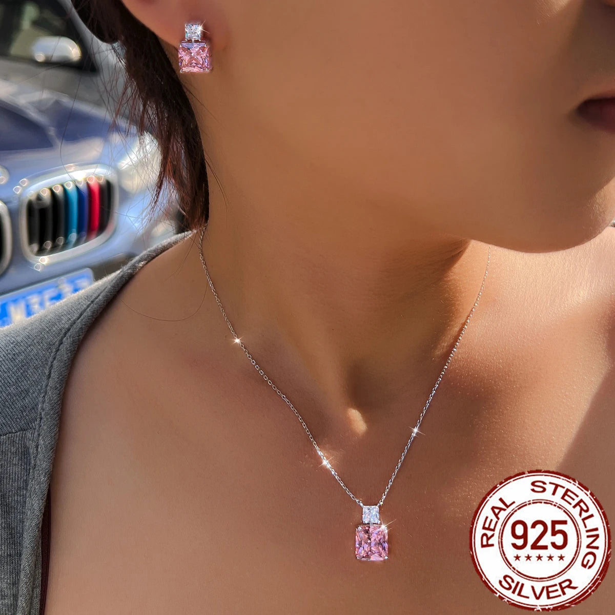 Elegant Fine Zirconia Jewelry Set 925 Sterling Silver Pink CZ Square Pendant Necklace Earrings Jewelry Set for Women Party Gifts