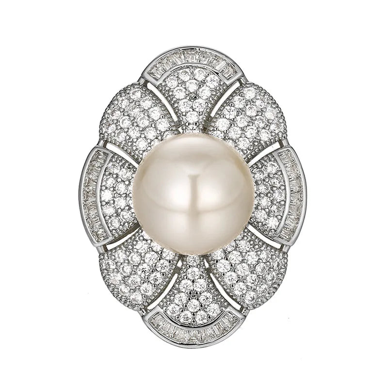 REDheart Women's Trendy Flower Design Atmospheric Petals Inlaid Zircon Movable Opening Ring Copper 18K Gold Plated White Pearl Set