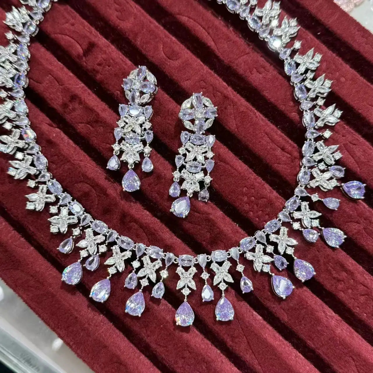Luxury Cubic Zirconia Geometric Necklace & Earrings Bridal Set — Pink, Green & Purple