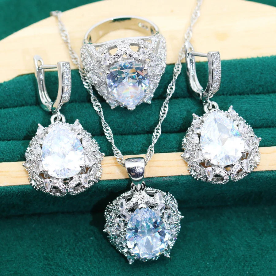 XOTICA AAA 925 Silver Women's Jewelry Set with Zircon Classic Style Wedding Bridal Earrings Necklace Pendant Ring for Party Dating Gift