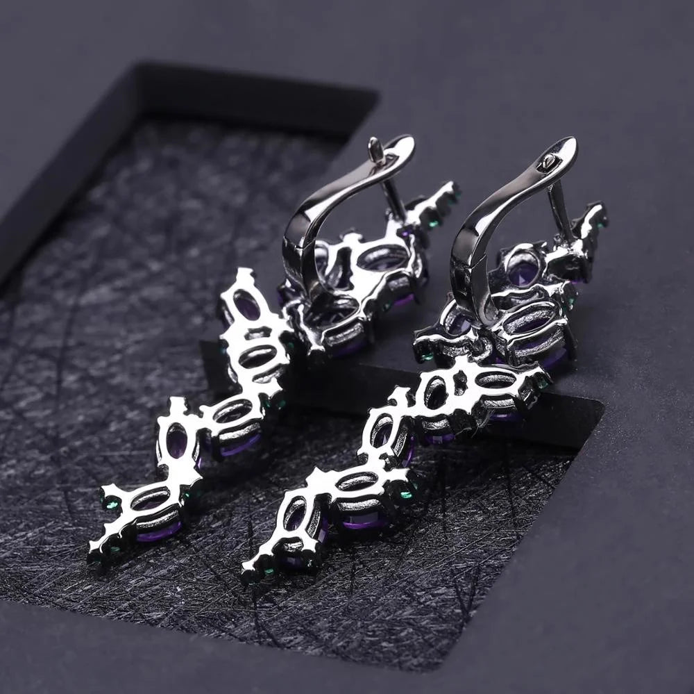 ArtistA Abding Lucky Purple Gemstone Beautiful Natural Amethyst Cluster Setting Leaf Buds Vine Long Drop Flower Tassel S925 Jewelry Set