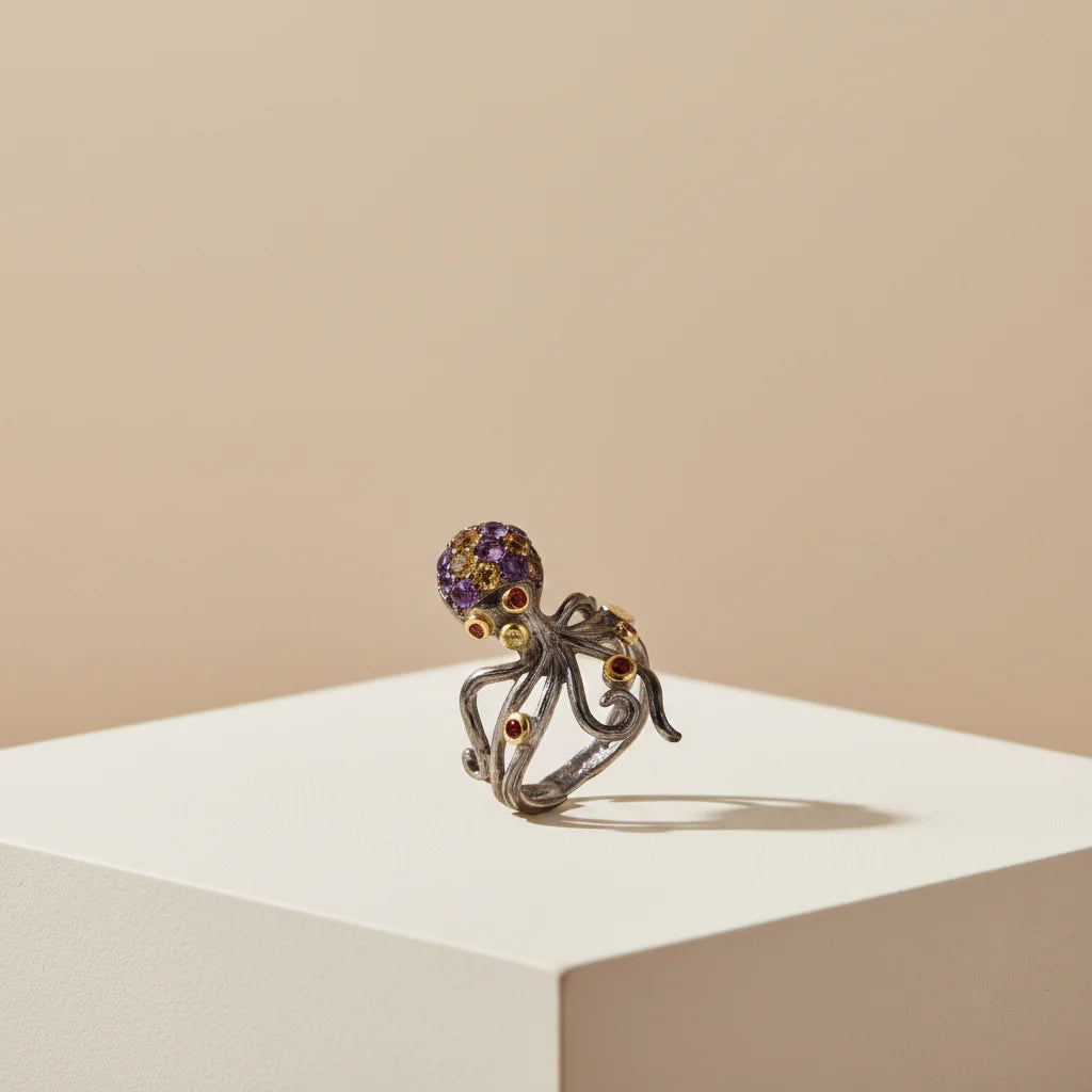 Cute Octopus 925 Sterling Silver Colour Gemstone Ring with Gold Plated