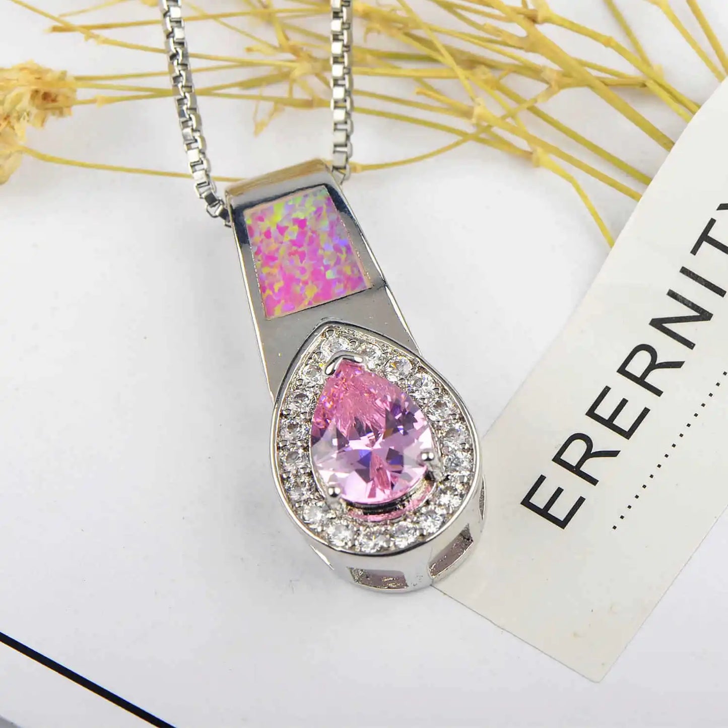 Aobao Trendy Vintage Water Drop-Shaped Necklace with Heart Pendant Sweater Chain Opal-Gift for Women
