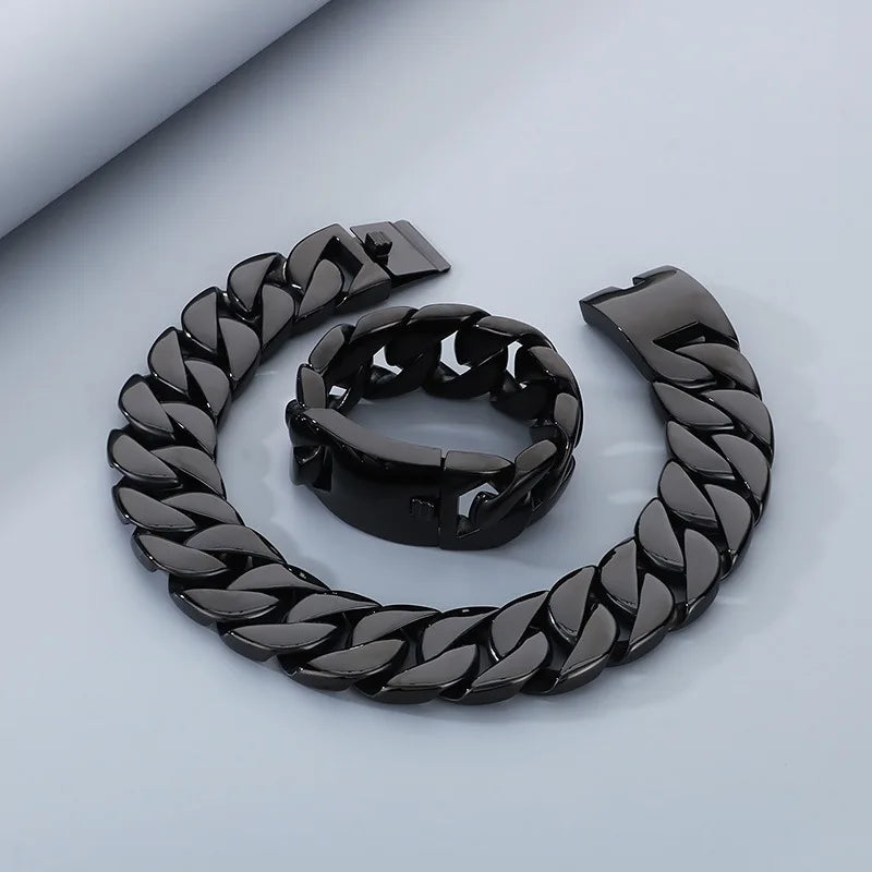 REBEL 31mm 30in Cuban 316l Stainless Steel Men Bracelet Chain Choker Waterproof Chain Necklace Set for Men Fashion Exaggerated Jewelry