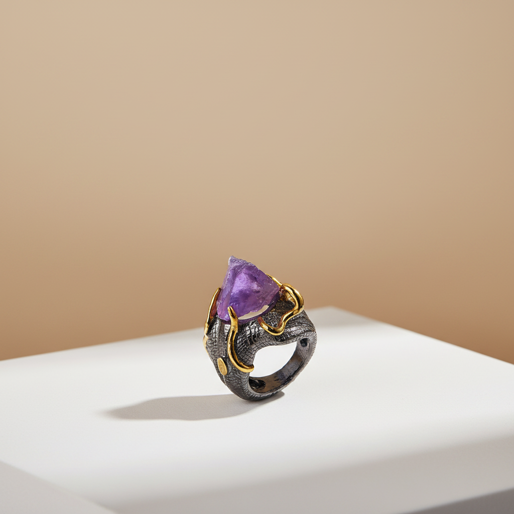 OEM Natural Purple Amethyst Rough Gemstone Handmade 925 Sterling Silver Ring Jewelry