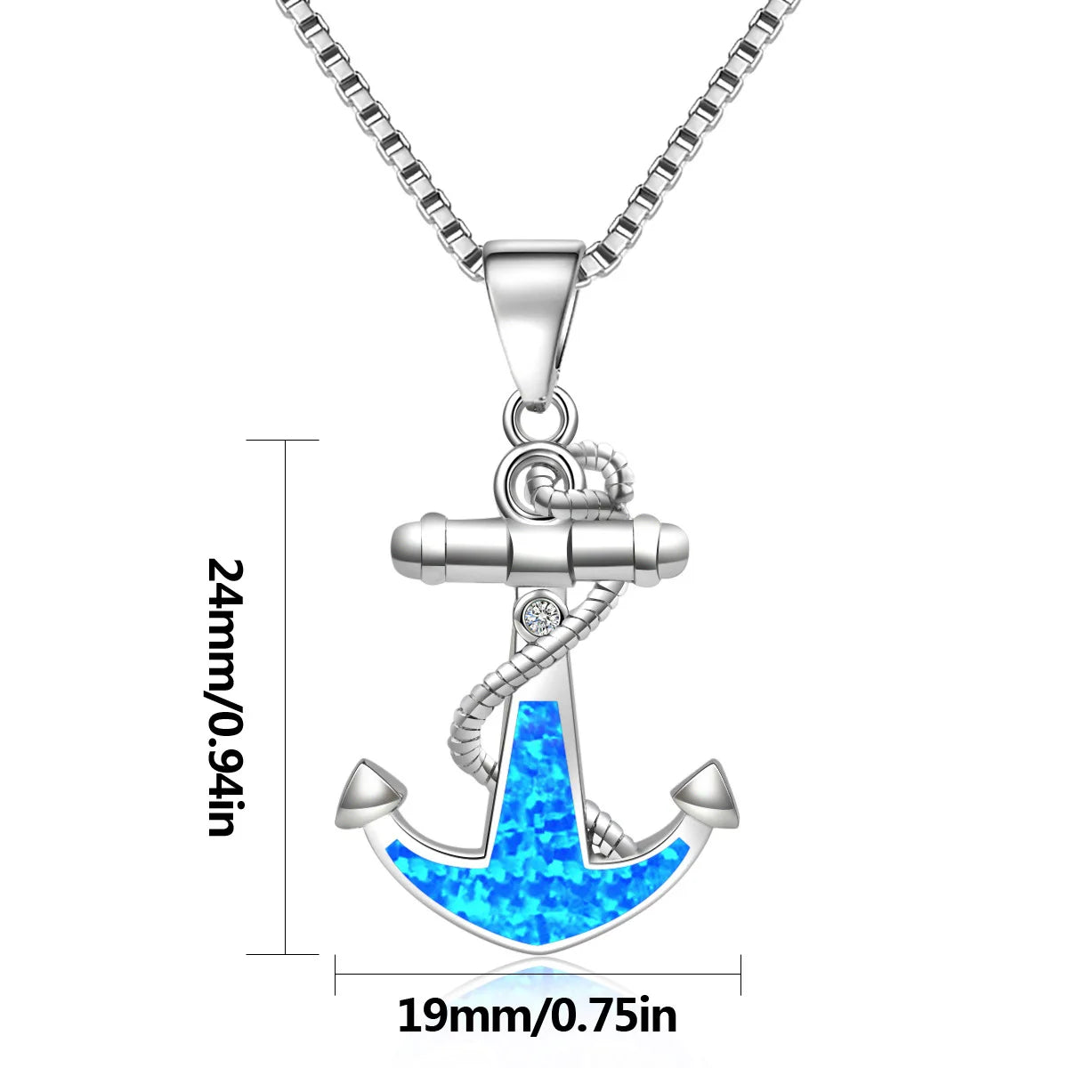 Fashionable Hawaiian Ocean Style Blue Opal Anchor Lariat Necklace Silver Plated Copper Alloy Link Chain
