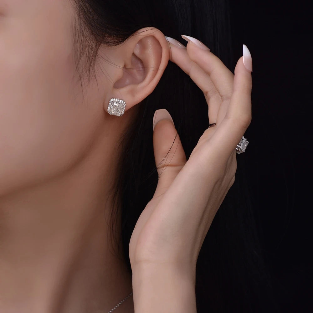 MUSHAN Jewelry Factory New 925 Silver 2 Carat High Carbon Diamond Earrings With High End Feel Ice Flower Cut White Square 7*7