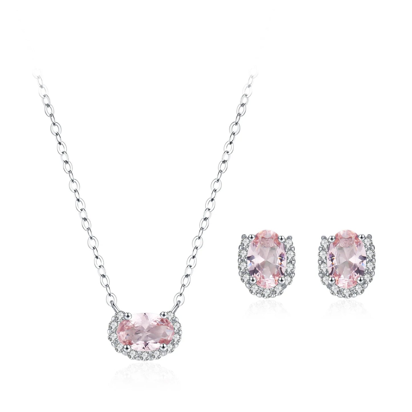 New 925 Sterling Silver Pink Collarbone Chain Earrings Fashion Sweet Fresh Jewelry Set Gift Set