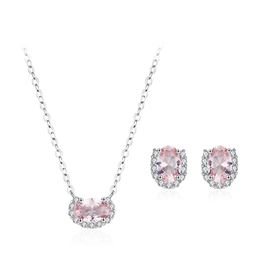 New 925 Sterling Silver Pink Collarbone Chain Earrings Fashion Sweet Fresh Jewelry Set Gift Set