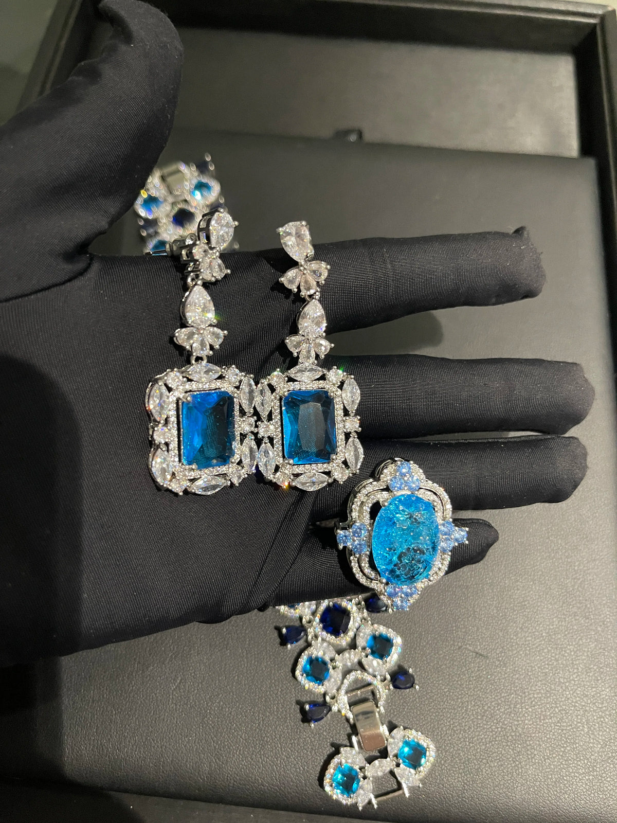 XOTICA TIANSHE Luxury Blue Gemstone Jewelry Long Drop Earrings Bracelet Ring 3Pcs Set Wedding Banquet for Women