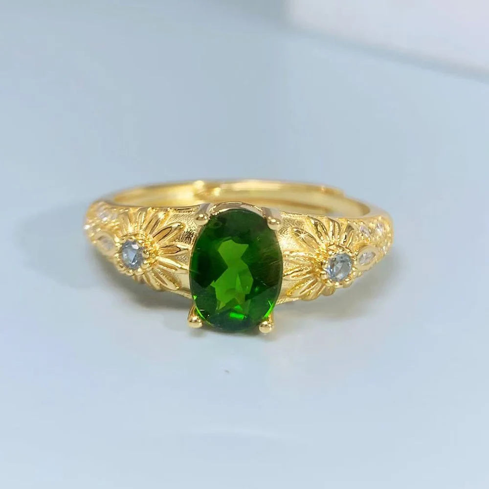 Gioiellieri Natural Chrome Diopside Ring for Women S925 Sterling Silver Oval Cut Green Gemstone Fine Jewelry for Wedding Anniversary Gift