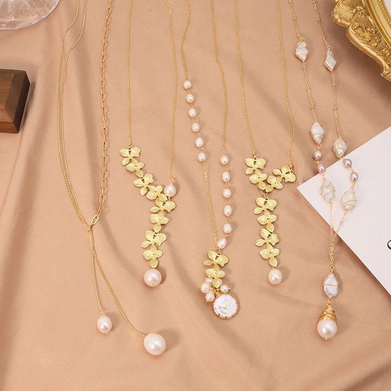 Natural Pearl Sweater Necklace for Women Bride Wedding Custom Handmade Vintage 18k Gold-Plated Long Necklace Fine Jewelry