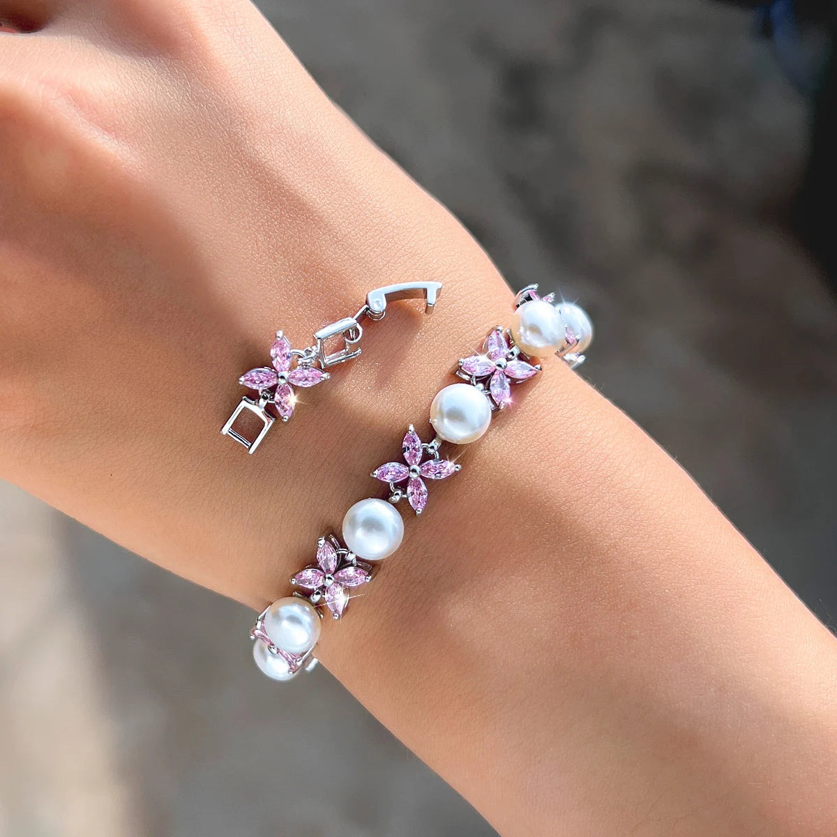 S&S CZ Flower & Leaf Chain Link Bracelet – Pink, Green & White – Collection