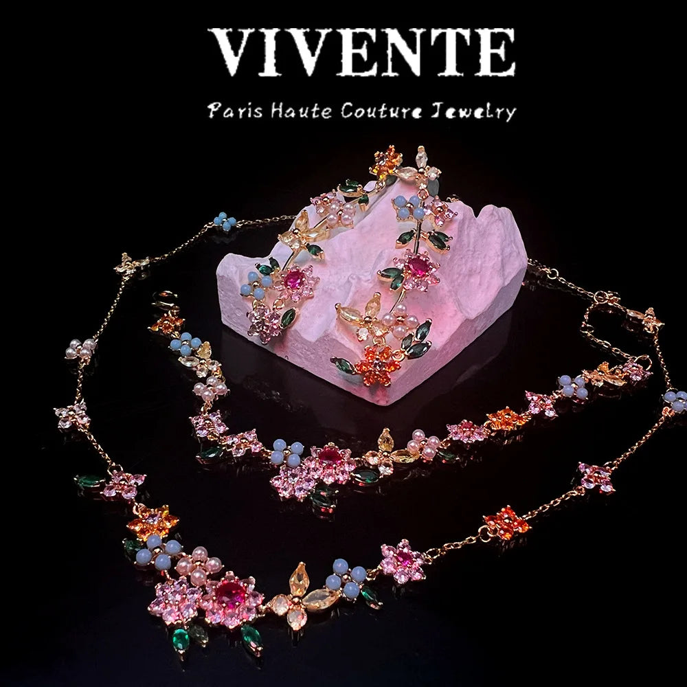 KS New Floral Colored Gemstone Jewelry Set: High-end, Light Luxury, American Niche Design, 24K Copper-plated Necklace, Bracelet