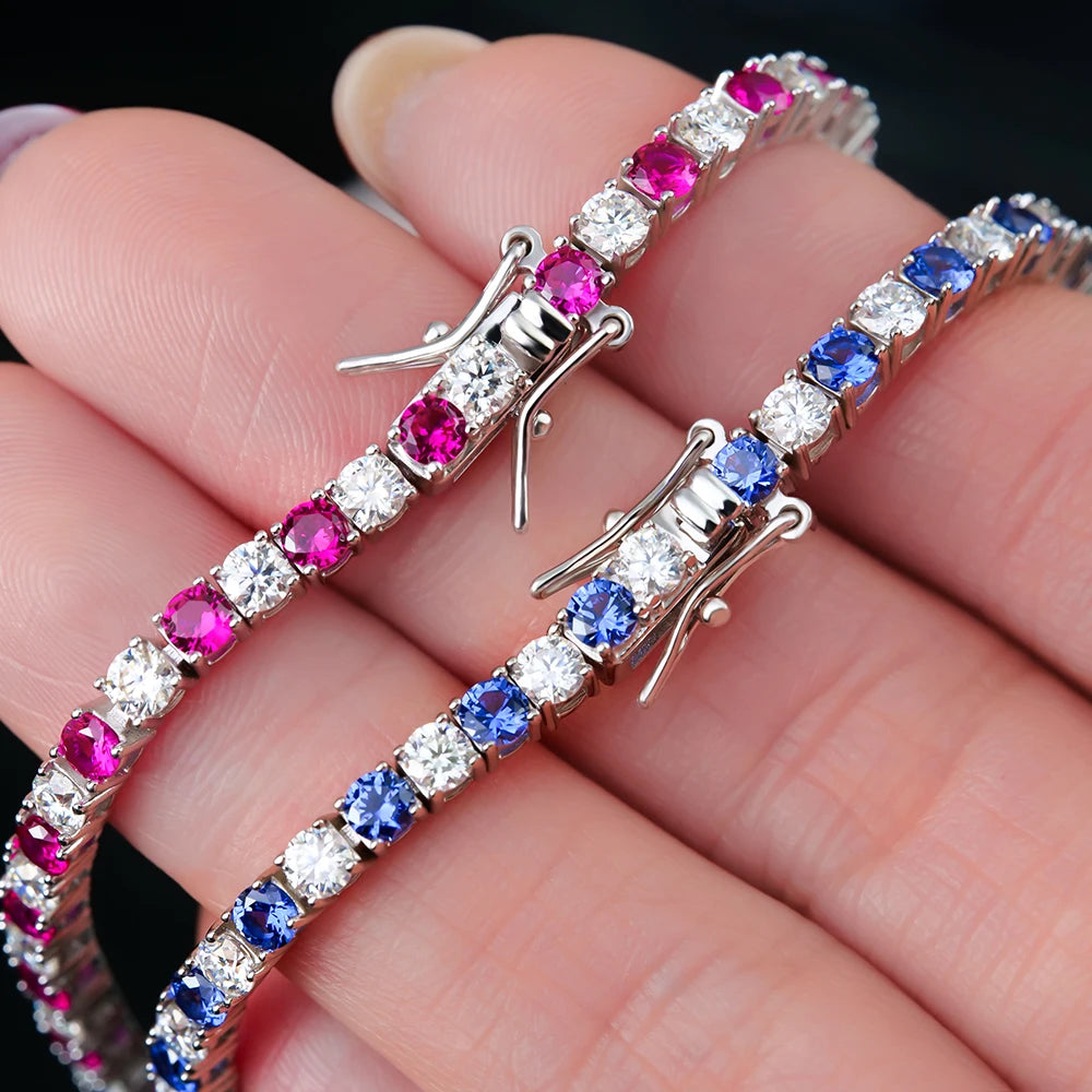 Women Fine Jewelry Multi Color Tennis Bracelet Lab Grown Gemstone Rhodium Plated Classic 3mm 4mm 925 Sterling Silver