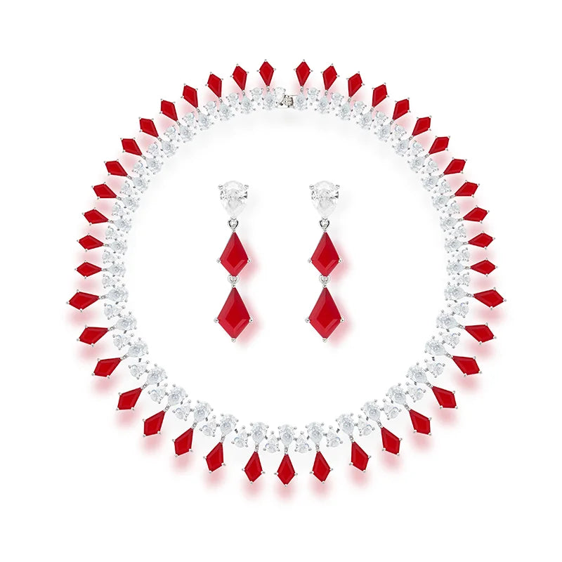 Modern Rhombus Red and Sapphire Necklace Earrings Gold-plated Women's Jewelry Wholesale Wedding Anniversary Holiday Set