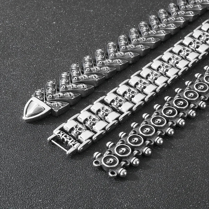 REBEL Mens Punk Fine Jewelry Fashion Bracelets Stainless Steel Trendy Skull Links Bracelet