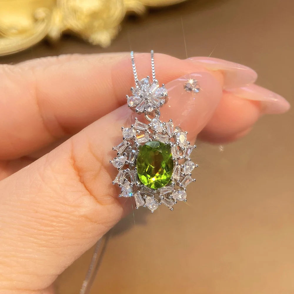 Gioiellieri Luxury 925 Sterling Silver Natural Peridot Pendant Oval Cut Solitaire Engagement Ring for Women Daily Wear Anniversary Gift