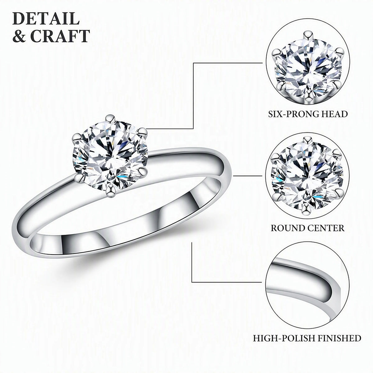 Gemfiori Minimalist 6 Prong Lab Grown Diamond Ring 1CT D VVS1 VVS2 Round Brilliant Cut 9K 10K 14K 18K Gold Sleek Women Daily Wear Ring
