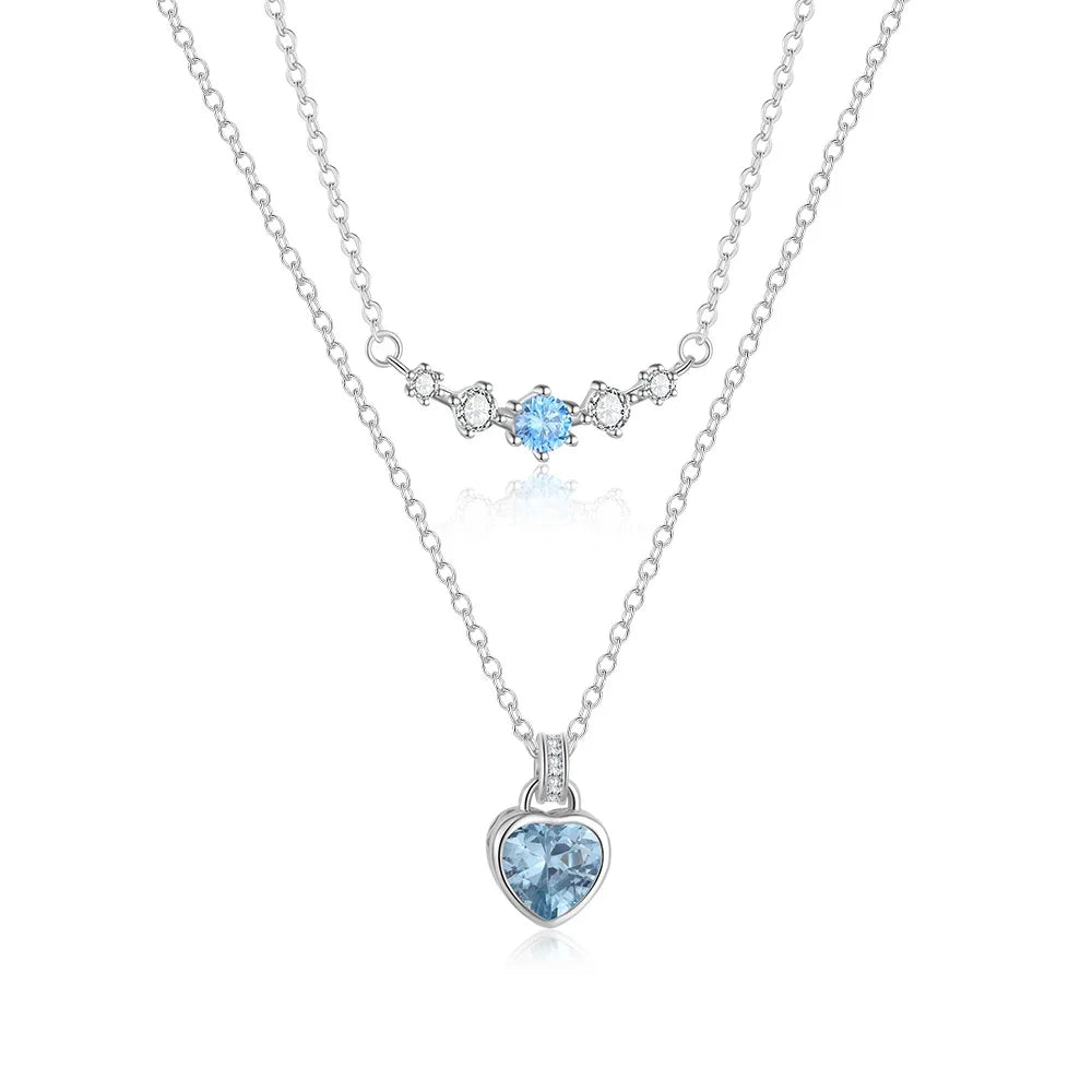 S925 Sterling Silver Double Layer Necklace Set Blue Moissanite Heart Pendant Necklace Trendy Clavicle Chain Jewelry for Women