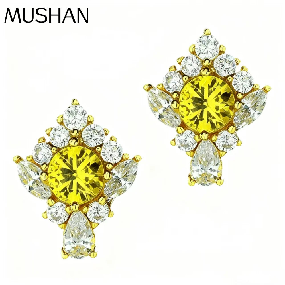 MUSHAN Jewelry Factory 925 Silver New 0.5ct Fashionable and Versatile Round Yellow Corundum 4.5mm Ear Studs
