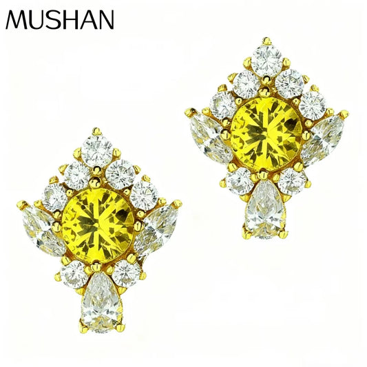 MUSHAN Jewelry Factory 925 Silver New 0.5ct Fashionable and Versatile Round Yellow Corundum 4.5mm Ear Studs