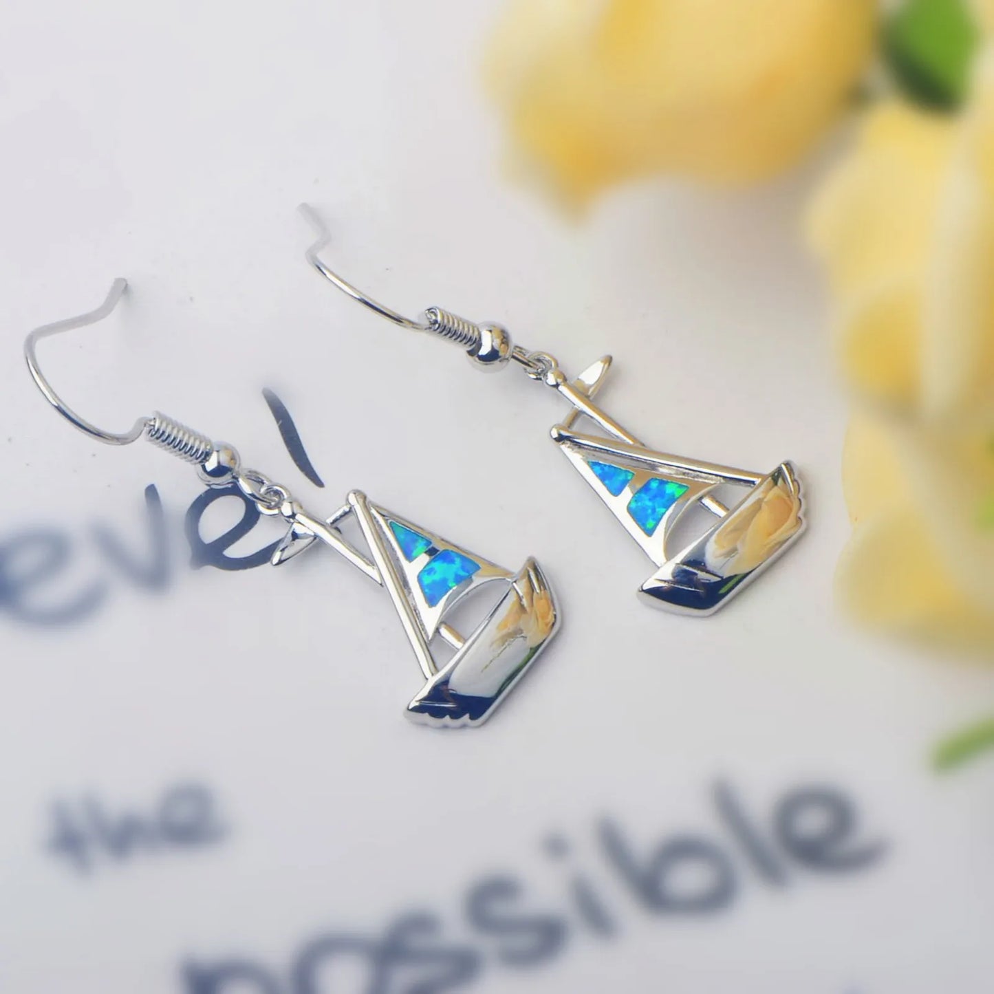 Nautical Sailboat Opal Drop Earrings - Blue Fire Opal Sail & Sleek Yacht Design | Beach-Chic Daily Jewelry Bulk Gifts