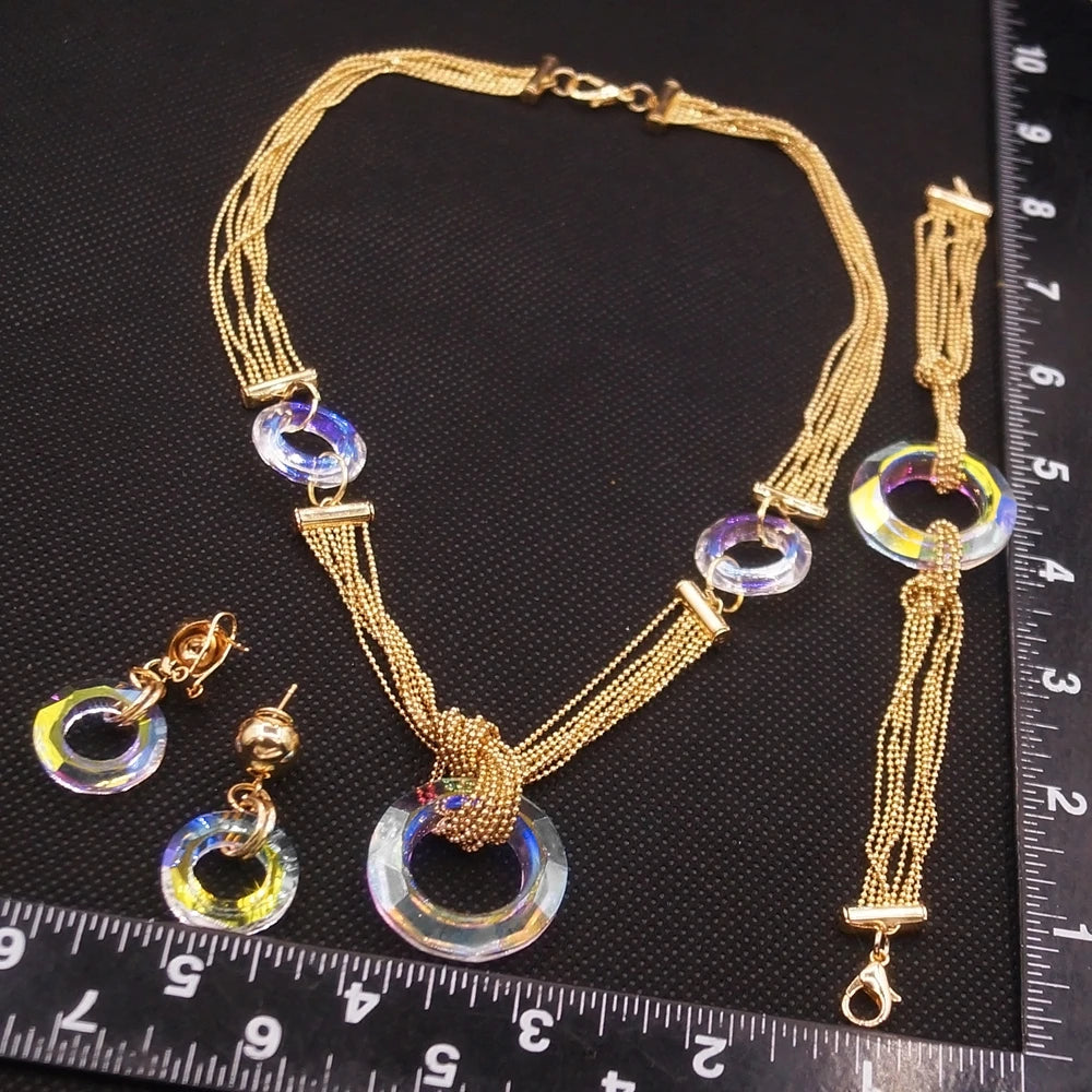 Zhuerrui Dubai Crystal Color Changing Jewelry Set Necklace Bracelet Earrings Ring Four Piece Jewelry Sets Women Wedding Party