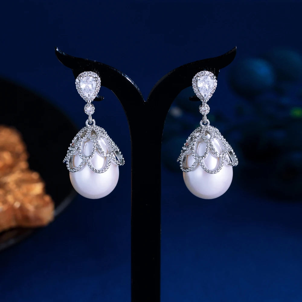 S&S CZ & Pearl Geometric Dangle Drop Earrings – Rhodium Silver Plated – Collection