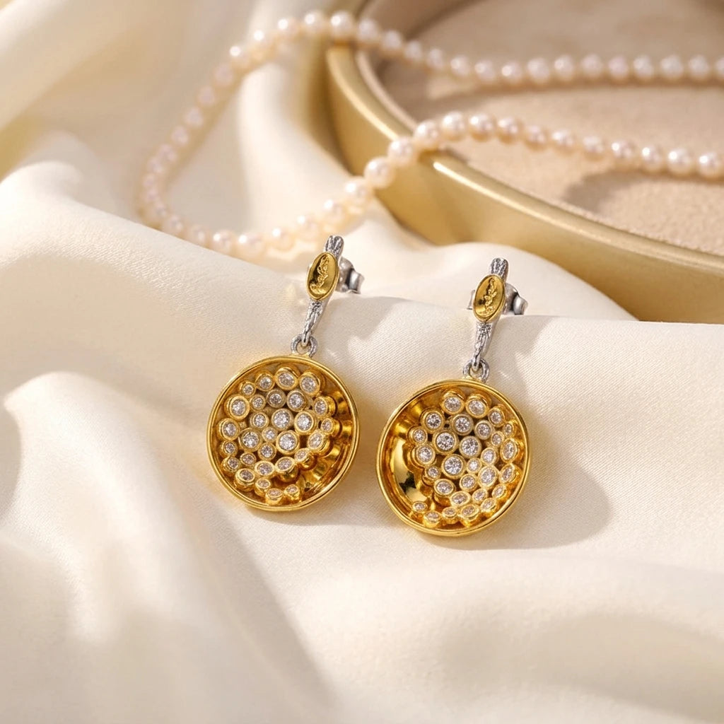 White Zircon 925 Sterling Silver Round Shaped Dangle Earrings
