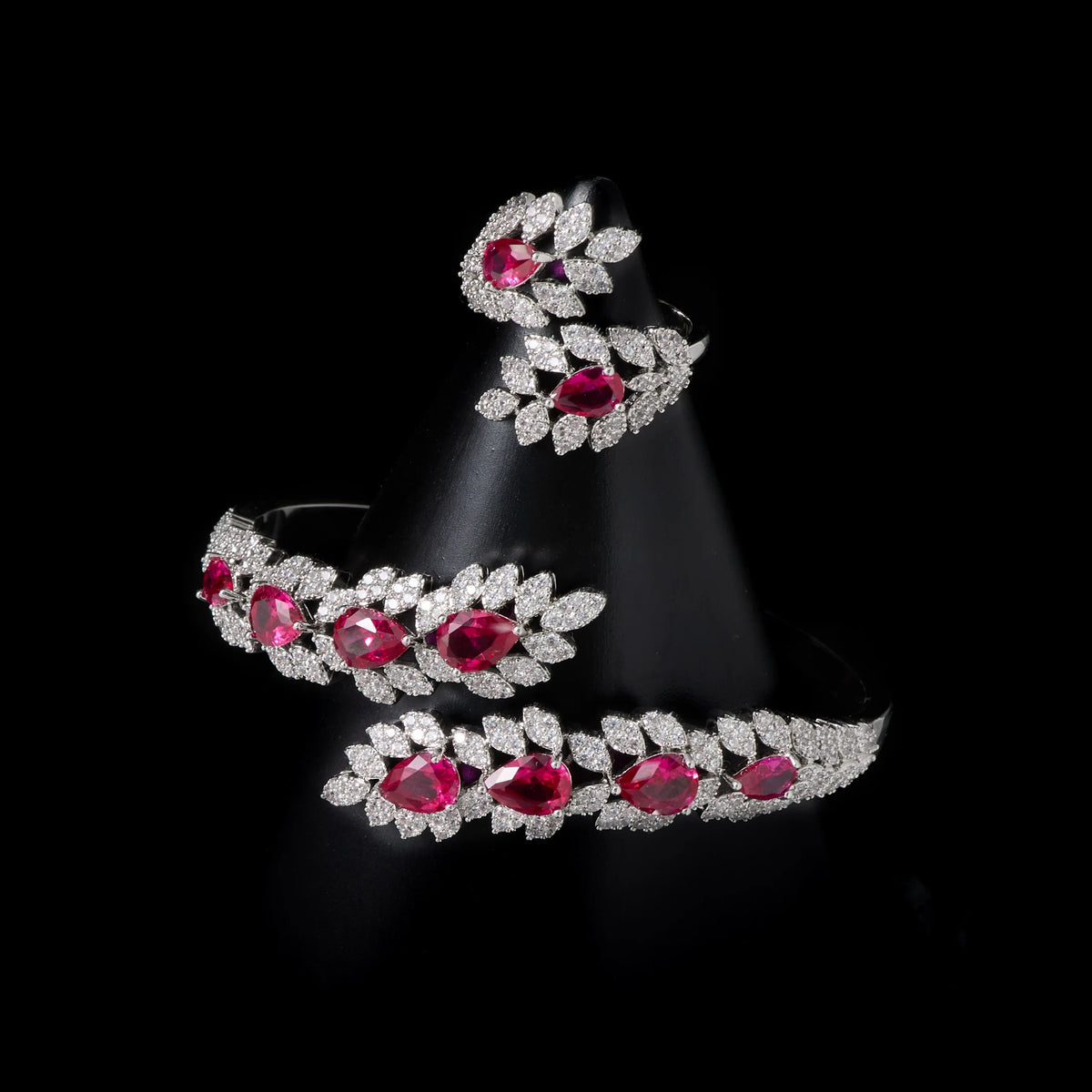 00056 New Arrival Luxury Designer Inspired Jewelry Exquisite Full of Colors Zircon Leaf Bracelet Bangle Ring Sets