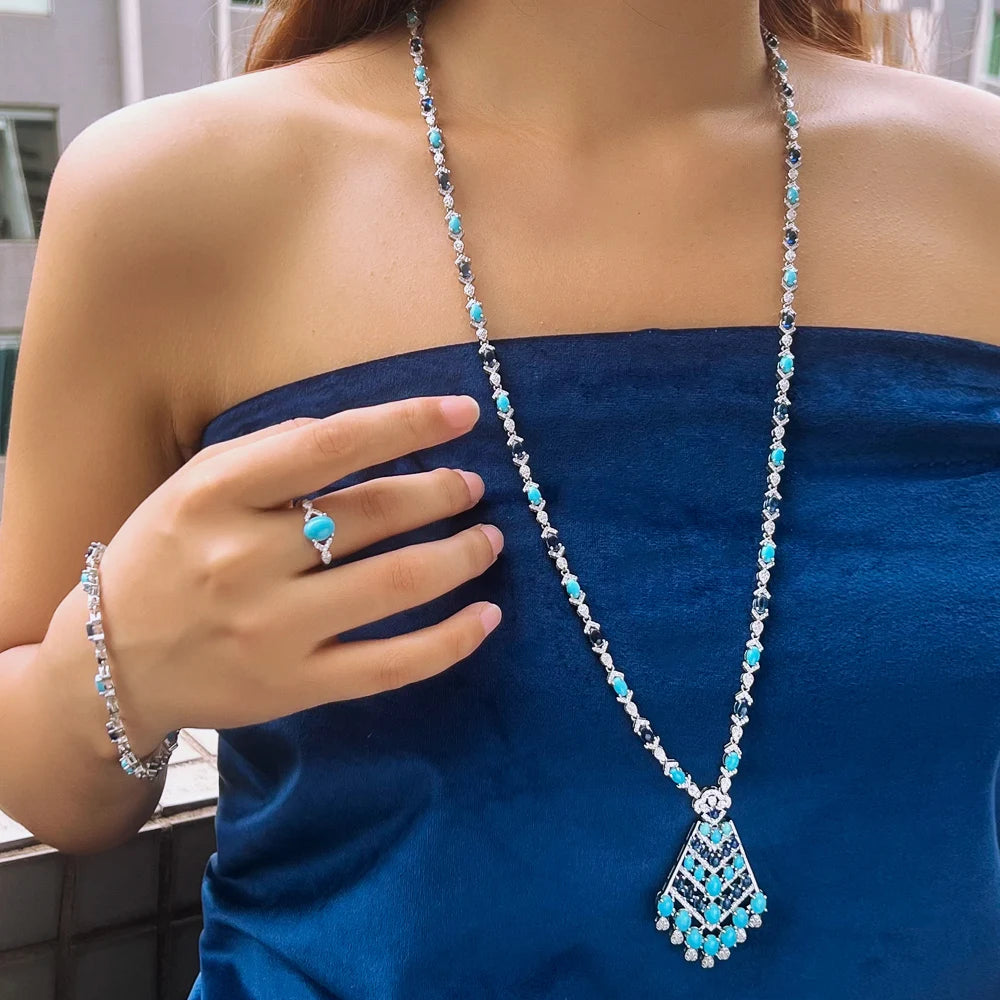 4pcs Middle East Style Zircon Long Blue Turquoise Necklace Earrings Bridal Jewelry Set for Women Wedding Party Dress Accessories