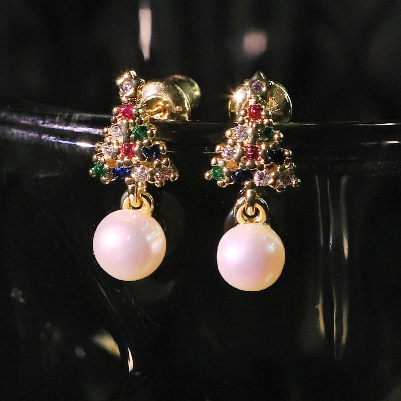 Natural Freshwater Pearl Zircon Christmas Tree Earrings Pendant Fashion Design Earrings Christmas Women's Jewelry GE1783