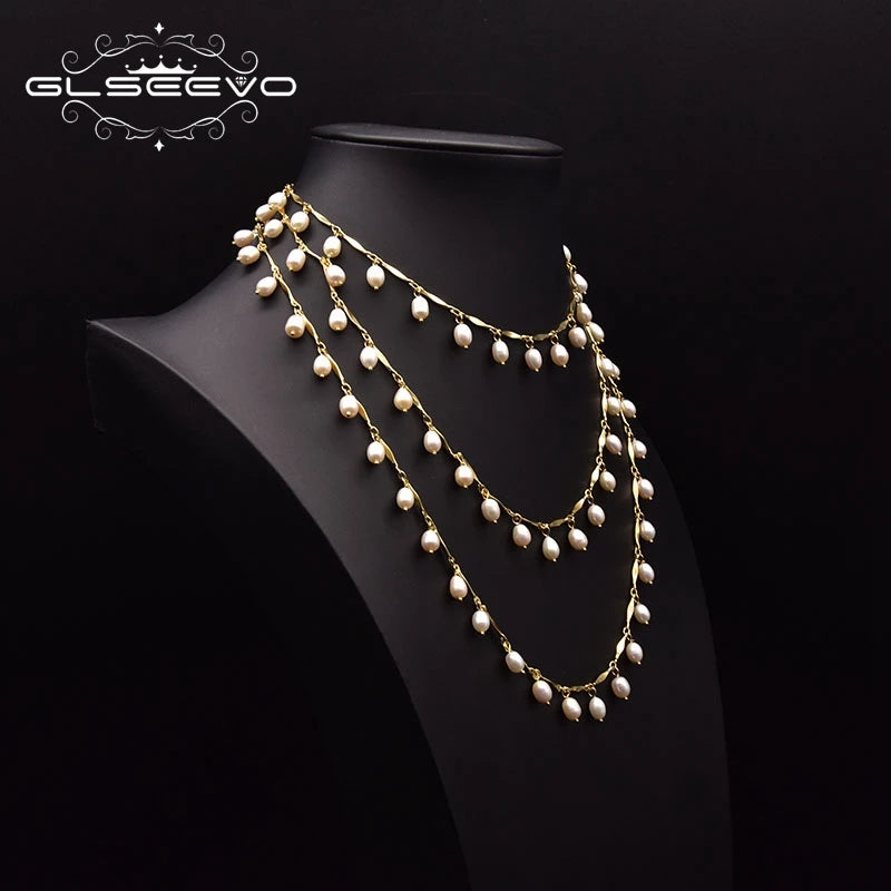 Natural Freshwater Pearl Long Necklace Women's Wedding Personalized Adjustable Length Chain Jewelry Accessories
