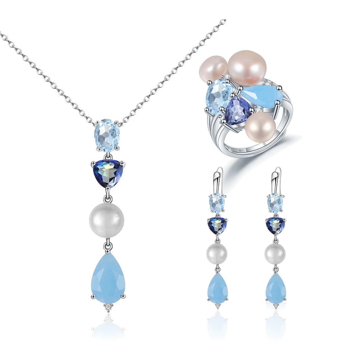 ArtistA C8319 Abding Elegant Classic Natural Mix Gemstone Aqua-blue Calcedony Pearl Mystic Quartz 925 Silver Fine Jewelry Bridal Set
