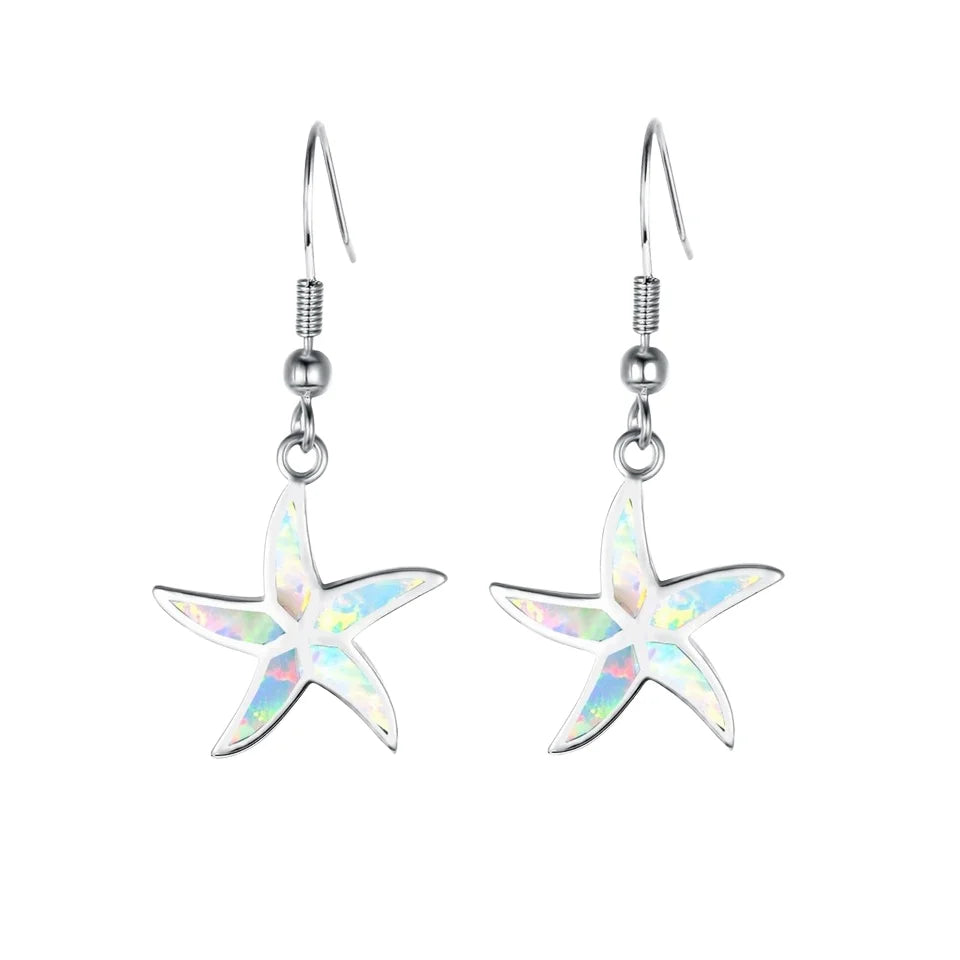 Aobao Women's TikTok for Ocean Style Blue Opal Starfish Drop Earrings Copper Alloy Silver Plated Trendy Gift Jewelry