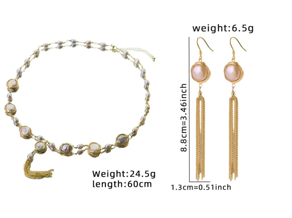 Baroque Natural Freshwater Pearl Pearl Chain Earrings Necklace Set Luxurious Design Set Gift Wedding Banquet GS0215