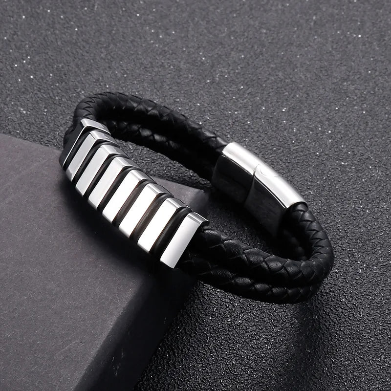KALEN Unisex 210mm Silver/Gold Color Casual Stainless Steel&Cowhide Link Bracelet
