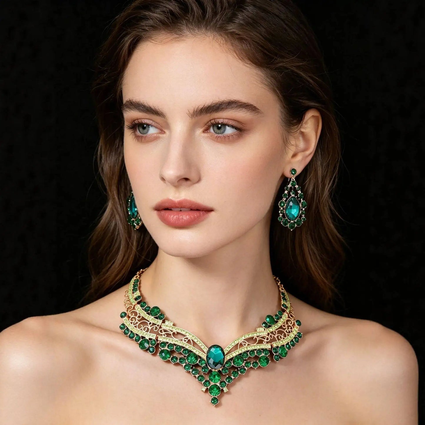 XM S370 Rose Gold Plated Princess Cut Zircon Floral Statement Necklace & Earrings Bridal Set
