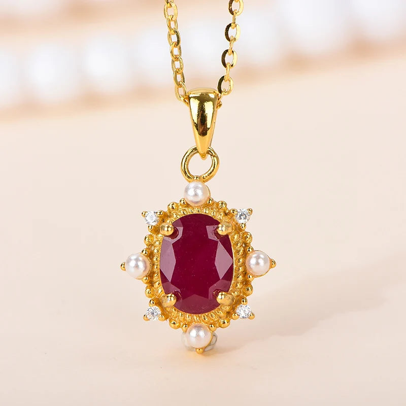 Gioiellieri Natural Ruby Oval Cut Gemstone Solitaire Claw Setting Pendant Necklace 925 Sterling Silver Platinum Plated Luxury