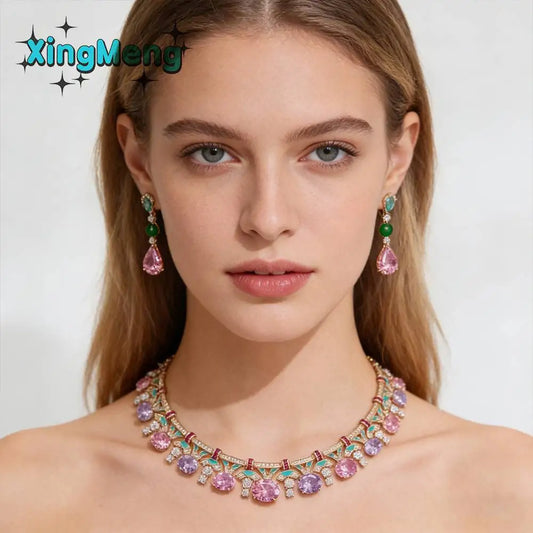 XM S199 Copper Platinum Plated Zircon Enamel Choker Necklace and Drop Earrings Set for Women Wedding Engagement Anniversary