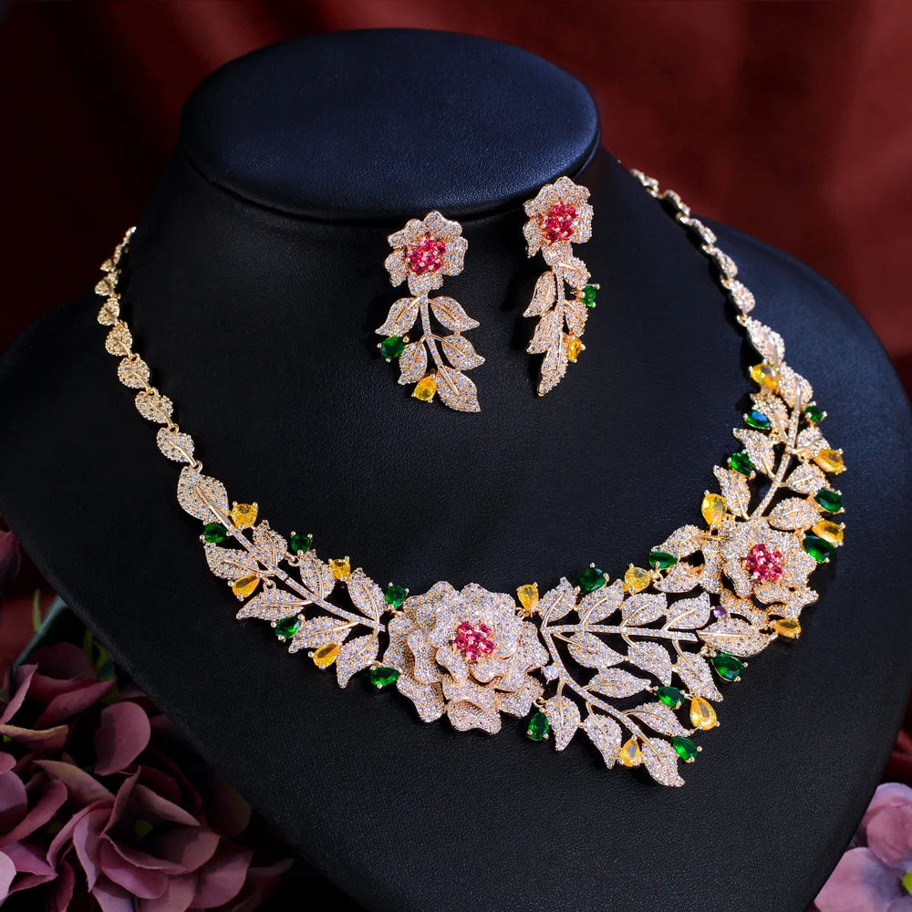 Luxury African Gold Plated Cubic Zirconia Statement Flower Leaf Shape Bridal Jewelry Set for Women Wedding Costume Jewellery