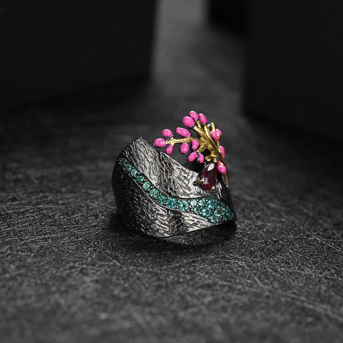 ArtistA C7920 Abiding Custom Enamel Peach Tree Flower Bud 925 Silver Rings with Natural Rhodolite Garnet Gemstone