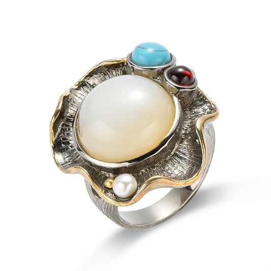 New Trendy Retro Temperament Fancy Sterling Silver Fashion Marine Chalcedony Jewelry Rings