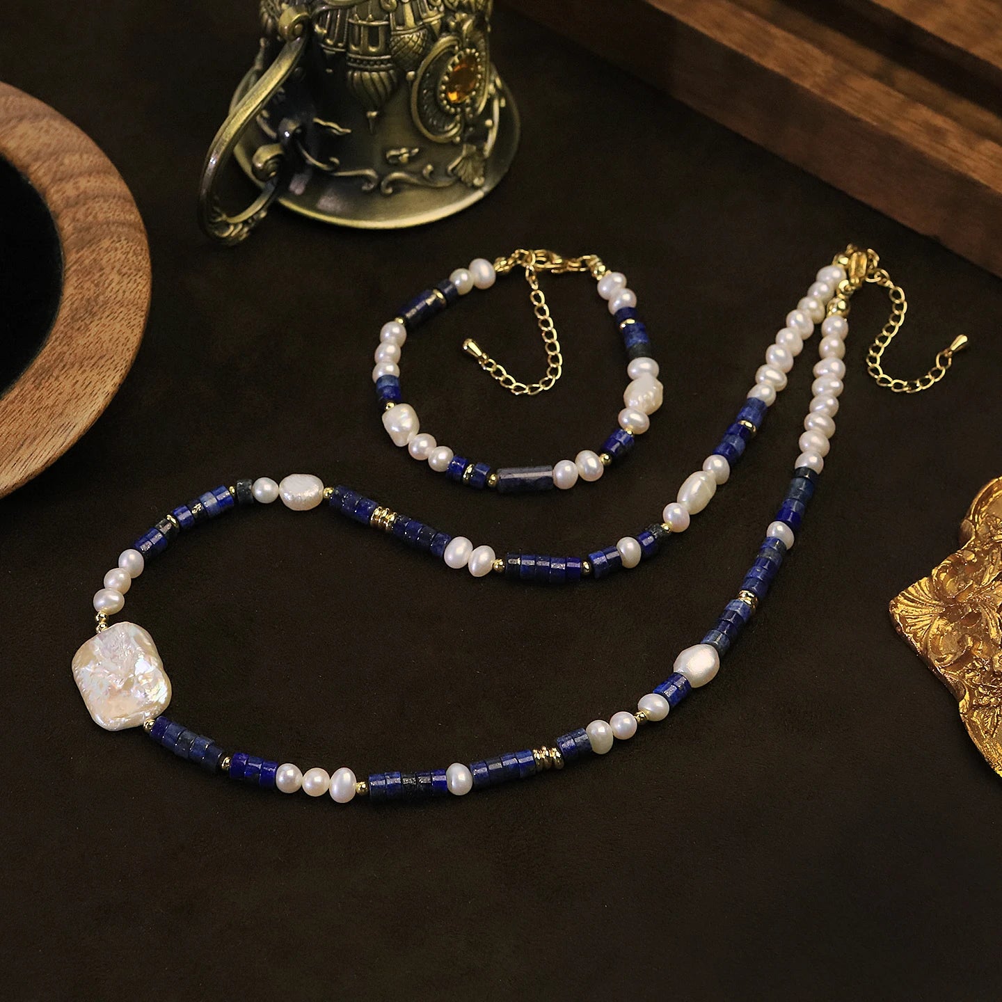 GLSEEVO Natural Freshwater Baroque Pearl & Lapis Lazuli Necklace & Bracelet Set — Bold Statement Jewellery