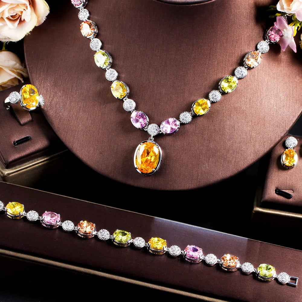 4pcs Luxury Jewelry Set Shiny Multi Color Yellow Oval Cubic Zircon Adjustable Ring Necklace Bracelet Earring for Women Wedding