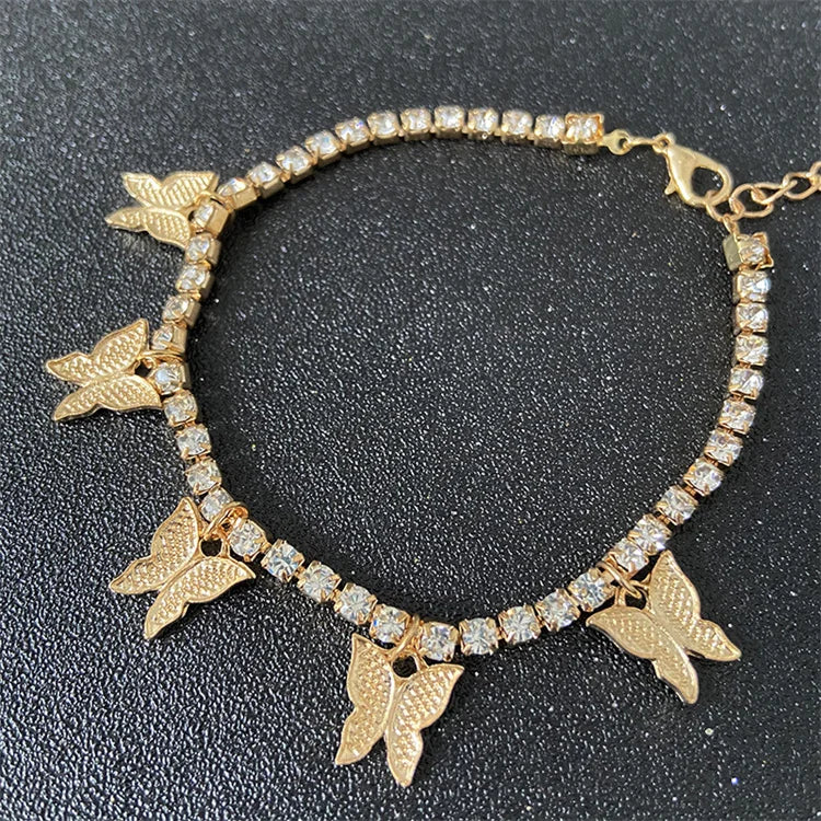 Wholesale Fashion Jewelry Anklet Bracelet Diamond Foot Cuban Link Chain Tennis Butterfly Anklet for Women