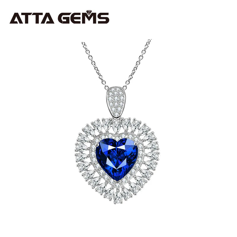 Luxury Design Pendant 10*10mm 4ct Heart Shape Blue Sapphire Gemstone 925 Sterling Silver Gift Necklace Set for Women
