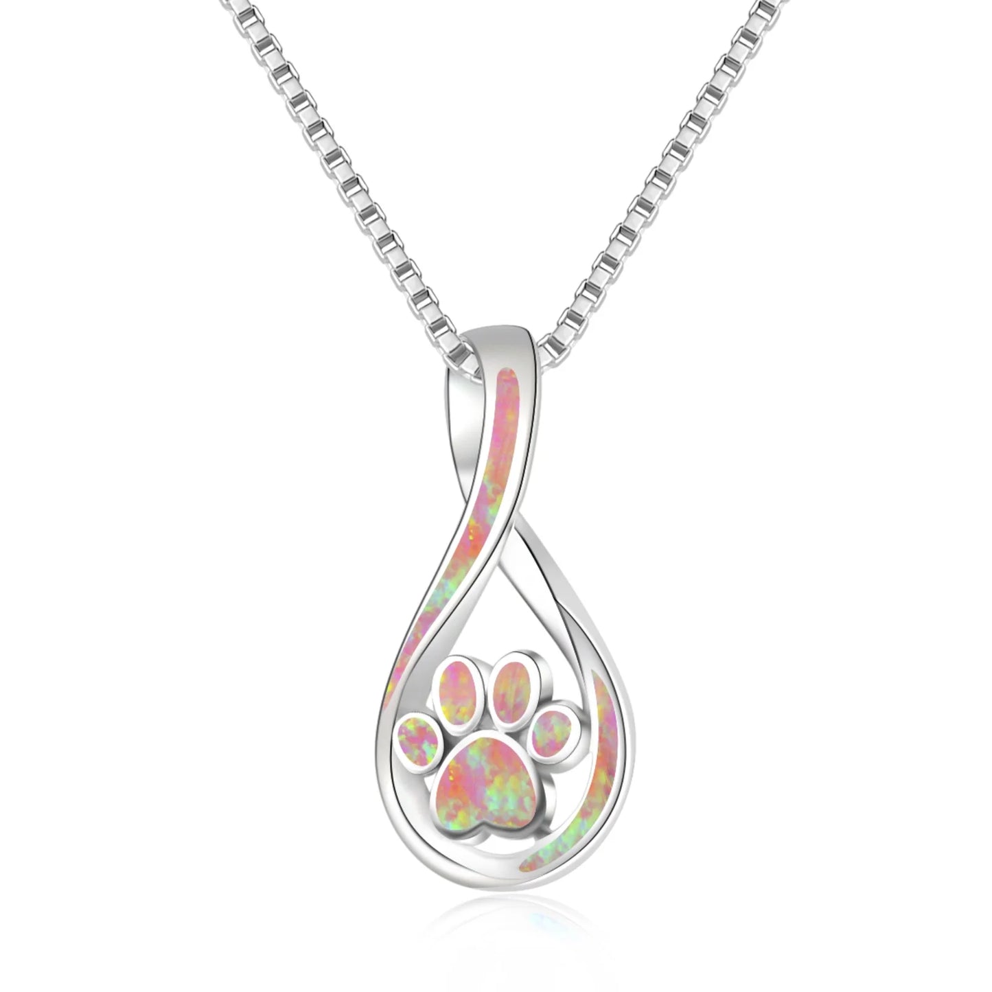 Eternal Pet Paw Opal Pendant Necklace-Blue Fire Opal Infinity Claw Print Design | Copper Silver Plated Pet Memorial Bulk Gift